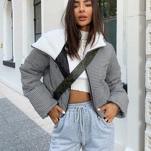 Cropped Gingham Puffer Jacket